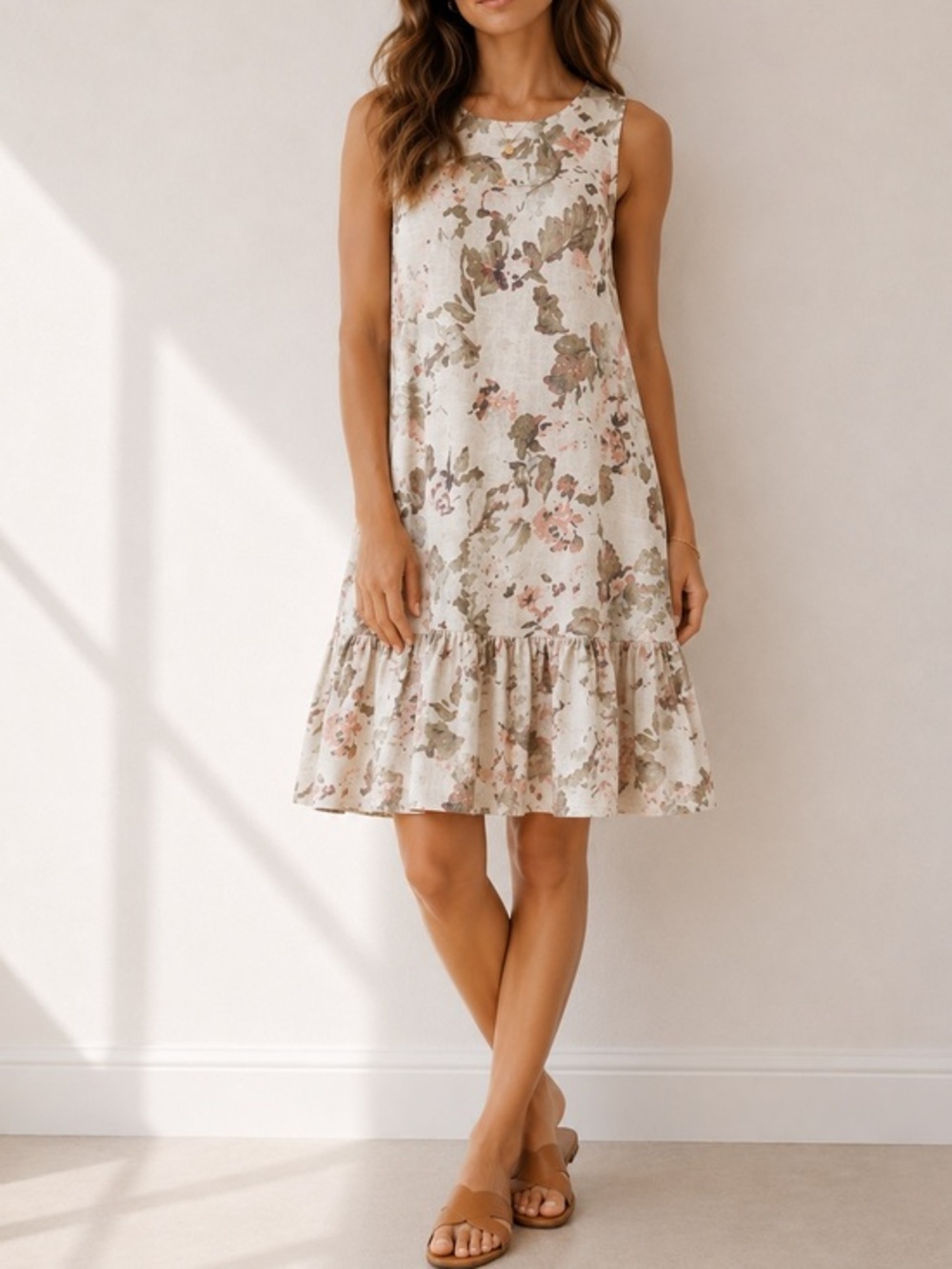 Rebecca Taylor Penelope Linen Jersey Floral Drop Waist Sleeveless Dress